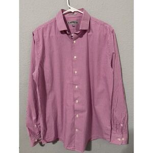 Express Men‎ Cotton Gingham Check Fitted Dress Shirt Long Sleeve Pink White L